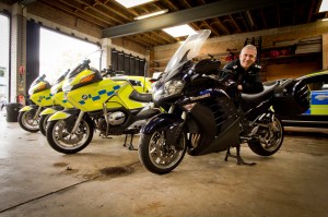 Inspector Mark Rogers with one of Cambridgeshire Police's unmarked bikes: A Kawasaki GTR1400