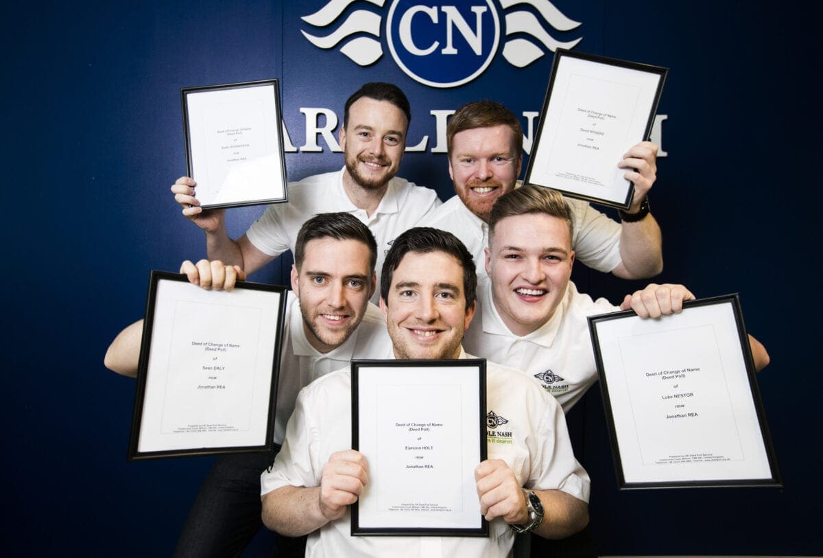 Repro Free: 23/09/2015 Colleagues at market-leading specialist insurance brokers Carole Nash, sponsors of the newly crowned 2015 World Superbike champion Jonathan Rea have in celebration changed their names by deed poll to celebrate the 28-year-old's world title. Pictured at the Carole Nash Dublin office with their deed pole certificates are (clockwise from front) Eamonn Holt from Newry, Sean Daly from Castleknock, Keith O’Donoghue from Portmarnock, David Rogers from Portmarnock and Luke Nester from Baldoyle. For more information about Jonathan Rea, visit http://www.carolenash.com/jonathan-rea Picture Andres Poveda - END - For further information please contact Frank PR on 00 44 161 669 4708 or email carolenash@mancfrank.com