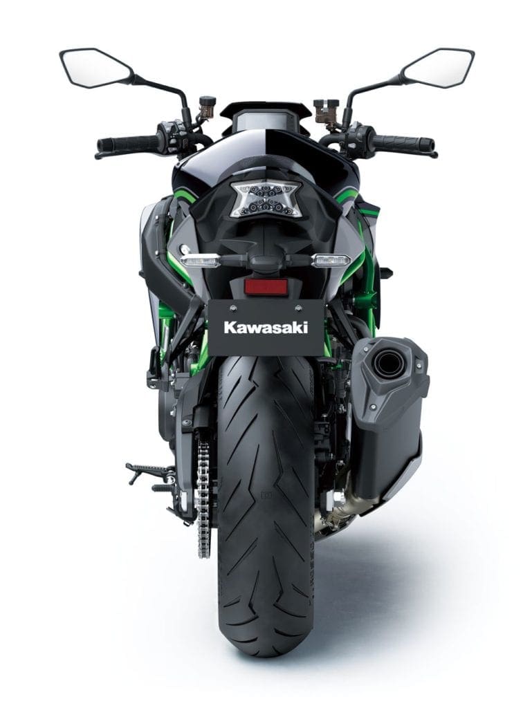 A compact rear view of the Kawasaki Z H2 motorcycle for 2020.