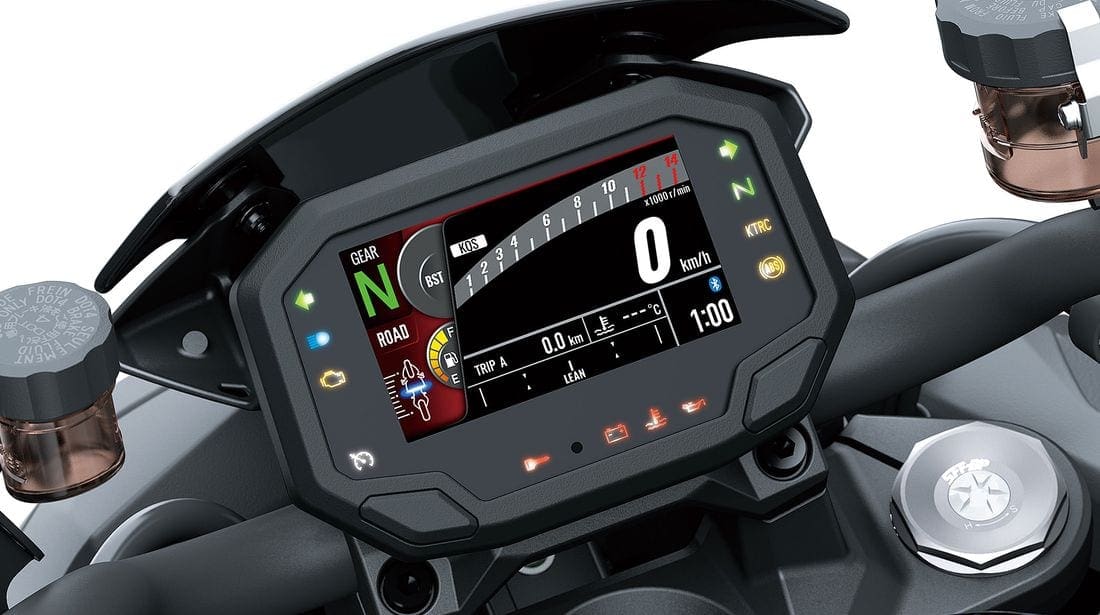 The TFT dash on the Z H2 motorcycle is controlled through a series of switches on the left-hand handlebar.
