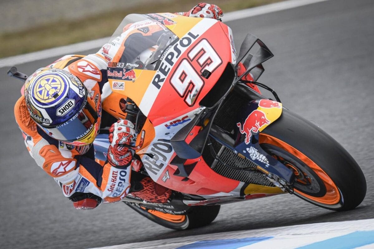 Marc Marquez on his Repsol Honda race motorcycle.