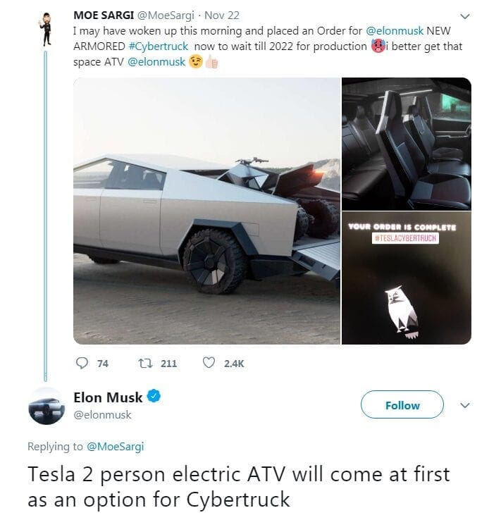 It's confirmed. The Cyberquad will be available as an option to those who buy the Cybertruck. Note the 'at first' part of this post from Musk too, sounds like it might also be a buy-alone product in the future - donchathink?