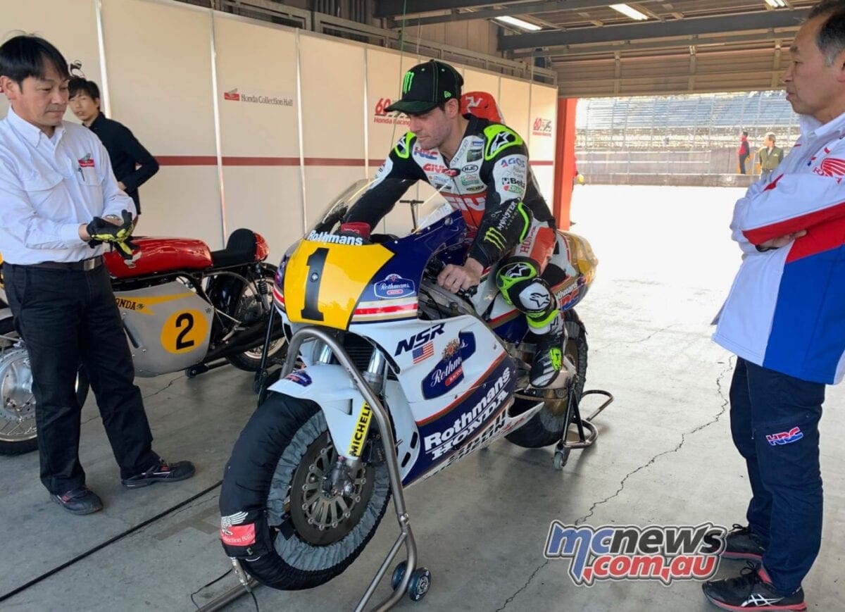 Cal getting ready to ride the 1989 NSR500 that was ridden by the then 500cc GP world champion, Eddie Lawson. What a motorcycle!