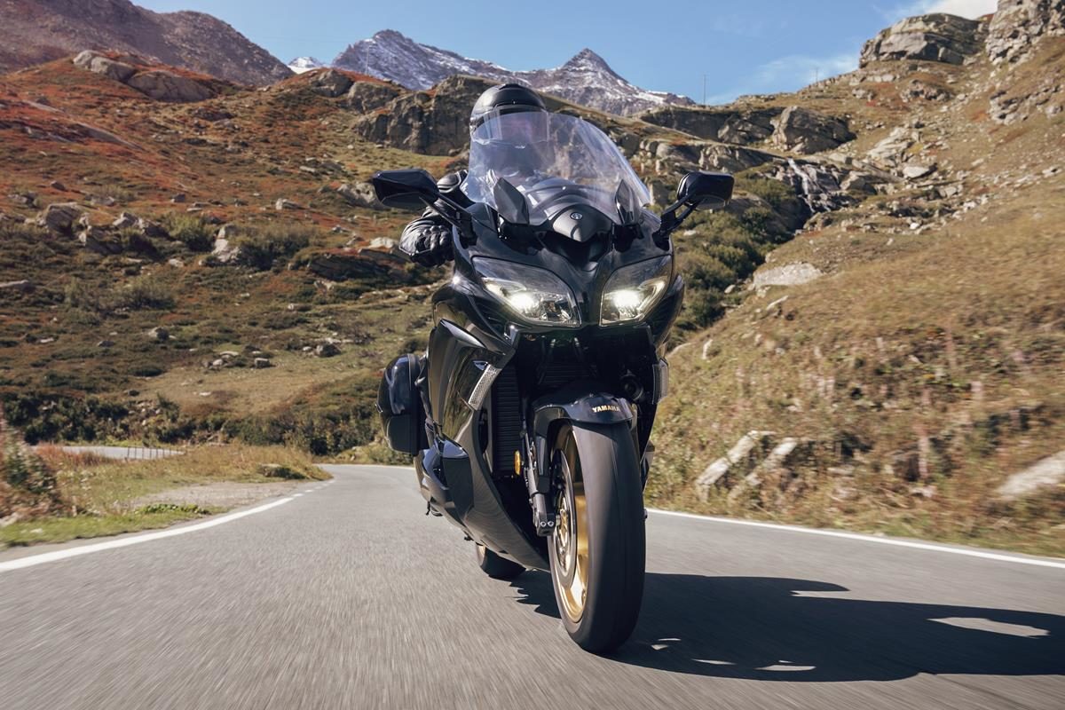 Riding shot of the new FJR1300 Ultimate Edition sport tourer bike from Yamaha.