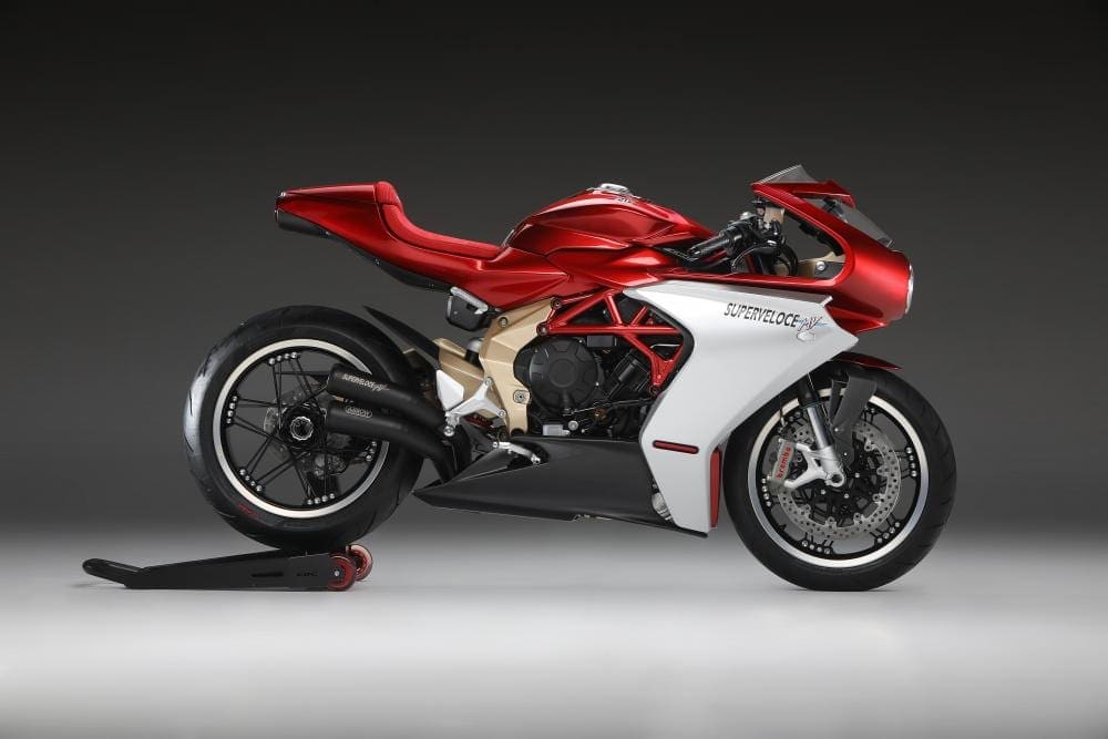 This is the 2020 MV Agusta Superveloce 800 Serie Oro motorbike. Nice gold coloured parts.