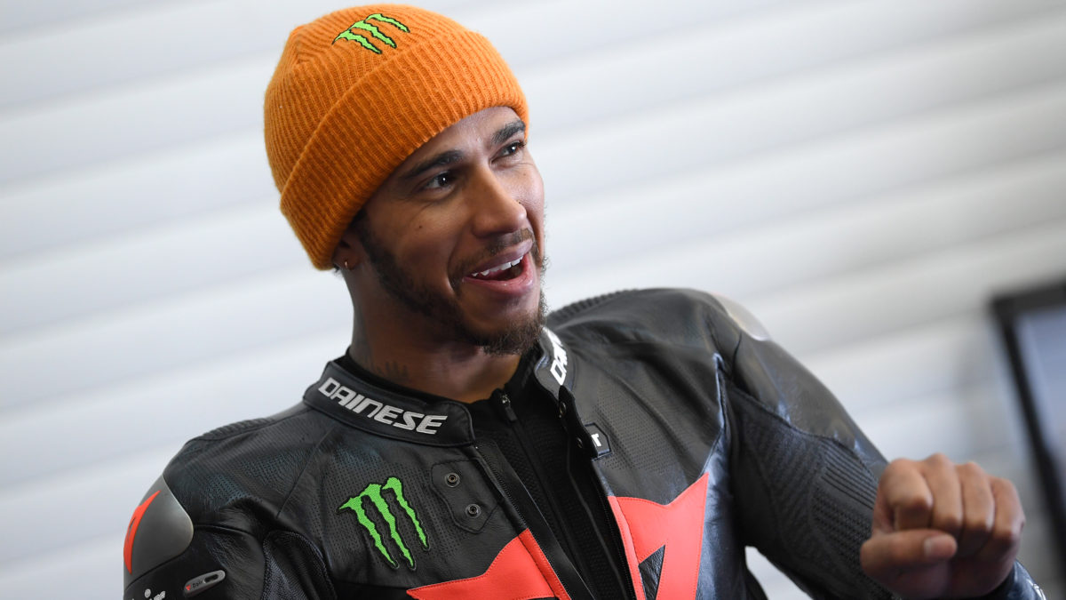 Hamilton has always been a motorcycle fan and can hustle a motorbike, too. 