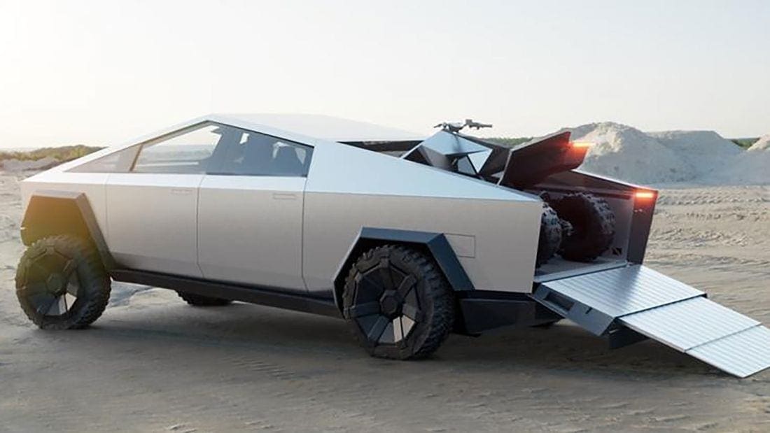 This is the Tesla Cybertruck, Loaded into it is the Cyberquad. 1980's sci-fi film, anyone?