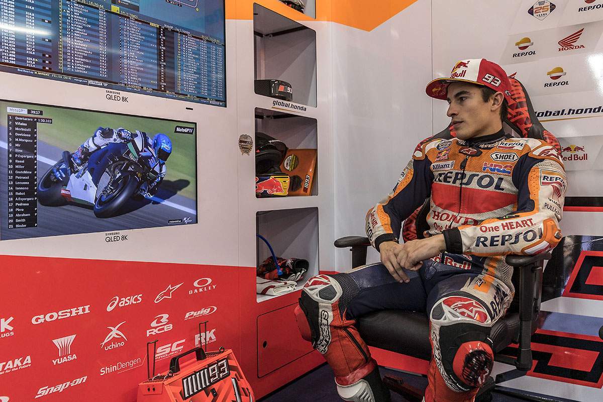 Marc Marquez might fins himself sitting by and watching the first two rounds of the year instead of racing in them. He'll probably not be doing that in his leathers, though...