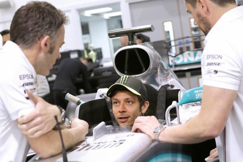 Valentino Rossi's already getting fitted for his F1 outing in Lewis Hamilton's title-winning car.