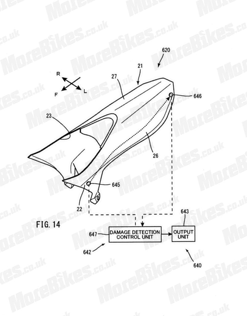 The dotted line included within a on-piece carbon-fibre resin seat unit detects left-side damage to itself between points 645 and 646. Once it finds damage, it sends notification to an output unit.