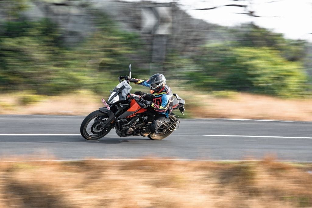 The KTM 390 Adventure bike hustles on the road, it'll mix with much bigger bikes with ease.
