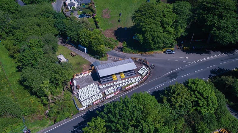 An ariel view of Hillberry on the Isle of Man TT Mountain Course. You can now buy tickets for this iconic location.