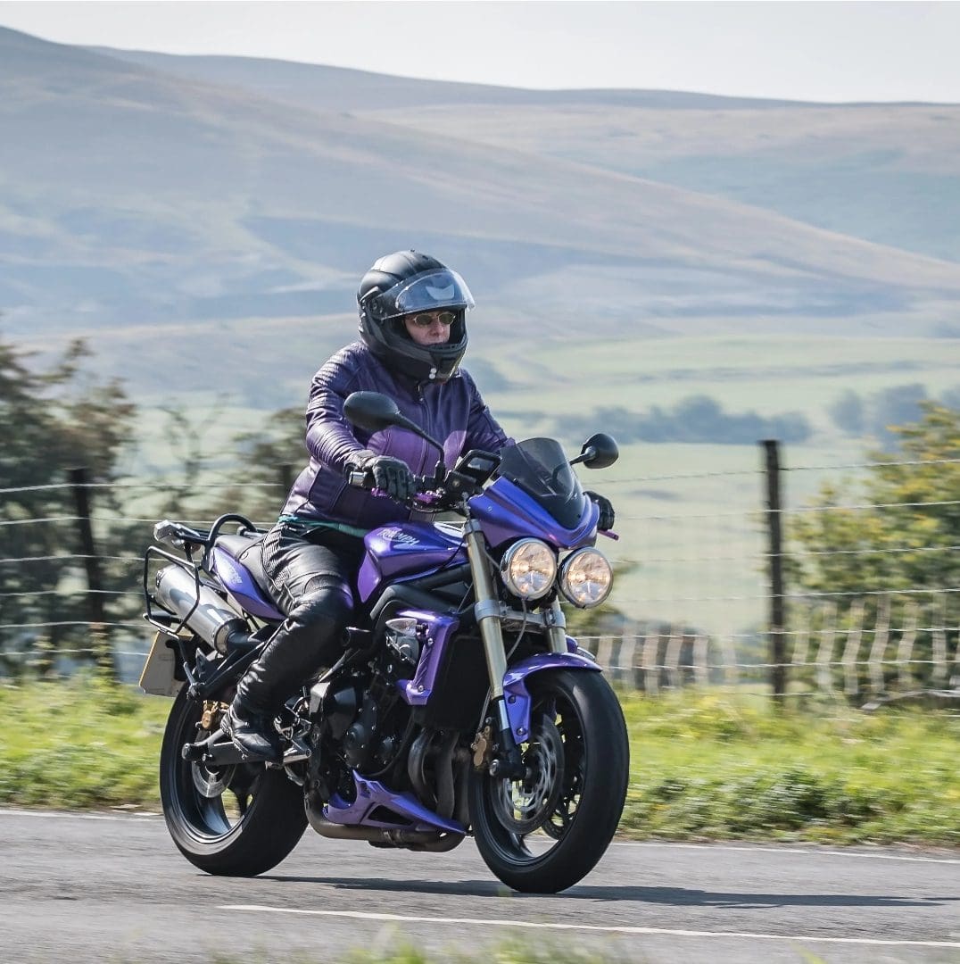 Clare Hodgson riding her 2010 Triumph Street Triple