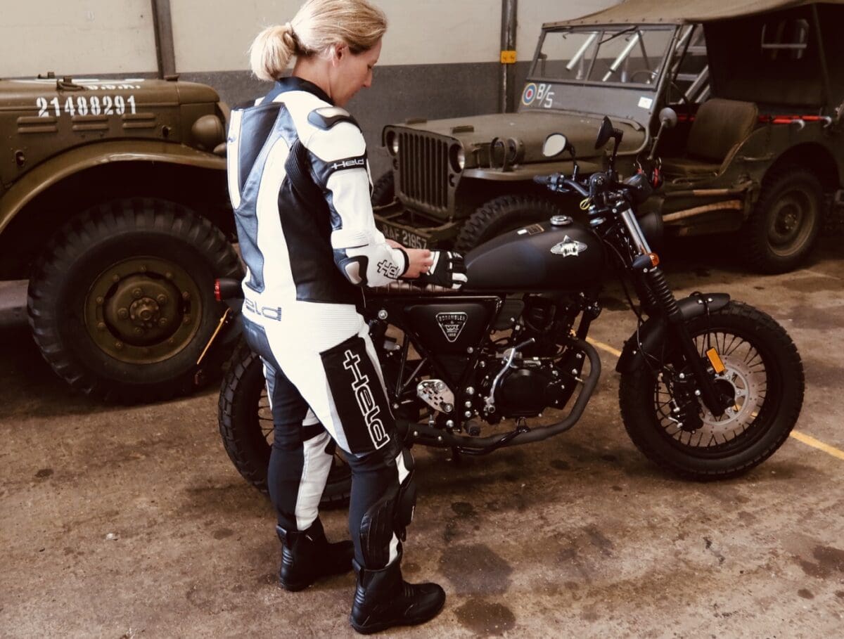 Serena with her Held Ayana II ladies motorcycle leathers and a WK Scrambler 125cc she was trying out