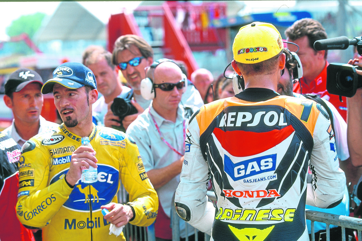 Max Biaggi (left) and right Valentino Rossi at Mugello GP, Italy, 2003.